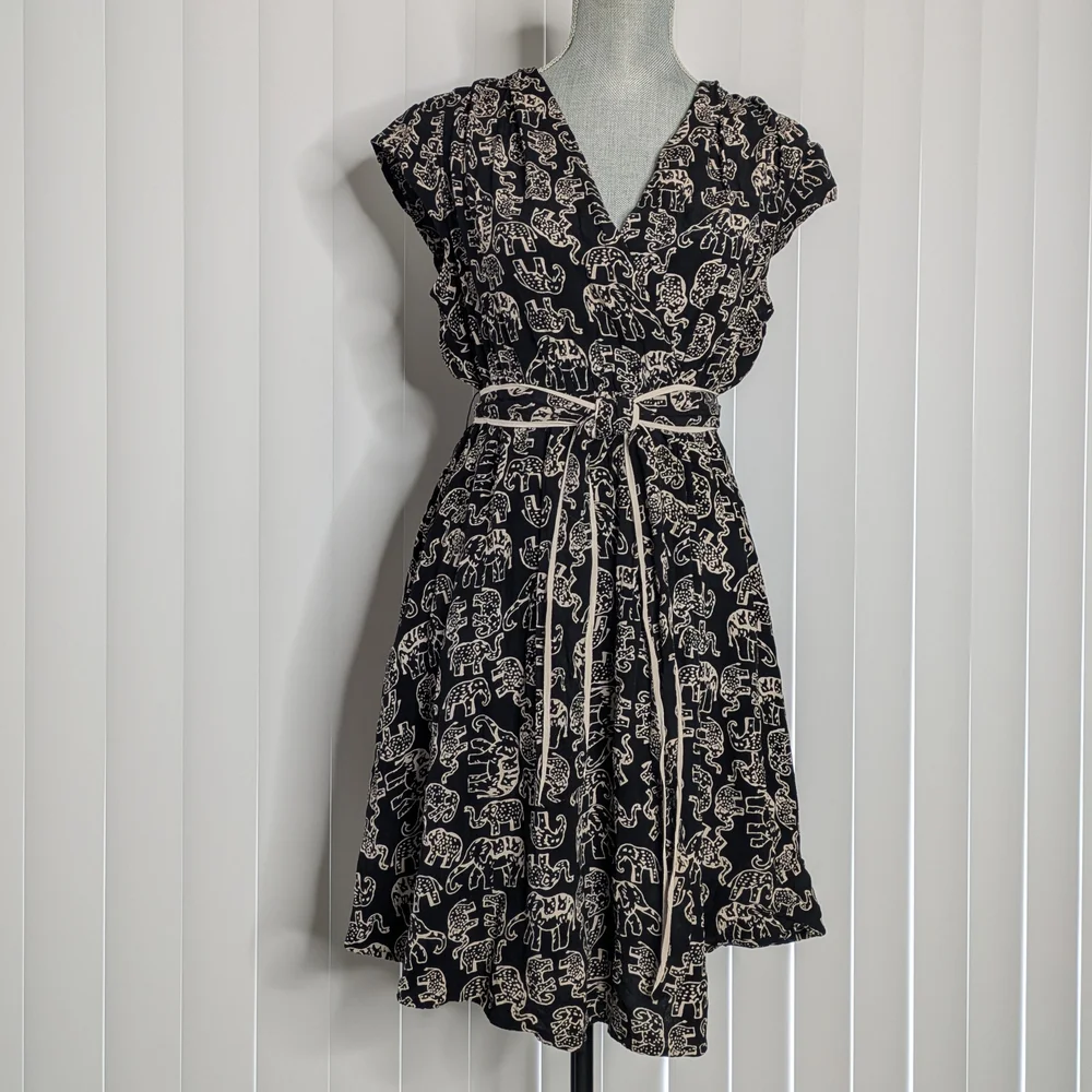 Anthropologie Maeve Black and Cream Elephant Patterned Midi Dress Size Medium - Picture 2 of 12